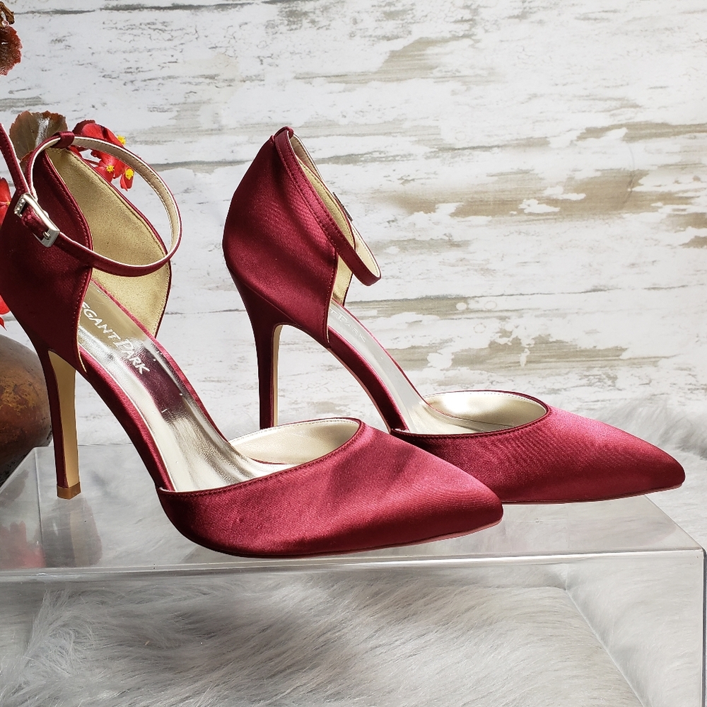 Elegant park pointed toe satin Burgundy satin heel